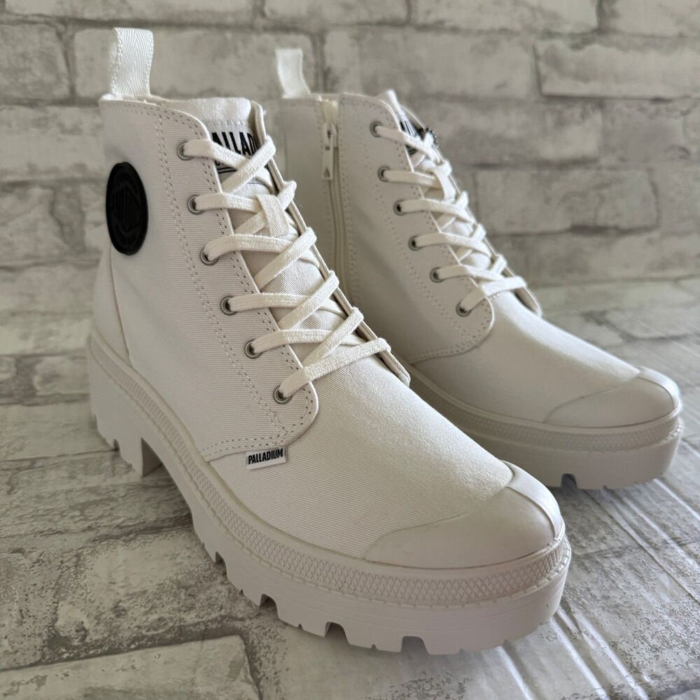 Palladium Pallabase Star White Twill Vegan High Block Heel Platform Lug Boot 8.5